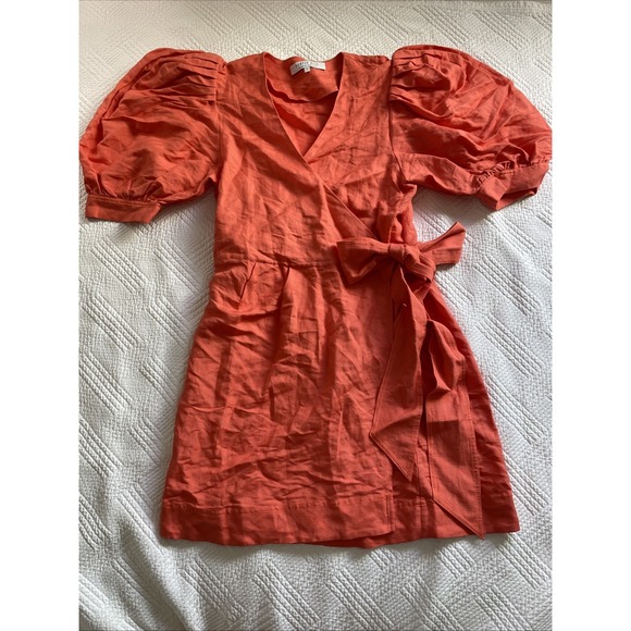 HUNTER BELL Dresses & Skirts - Hunter Bell Wrap Dress Women's Large Coral V Neck Puff Sleeve Linen Blend Luxury